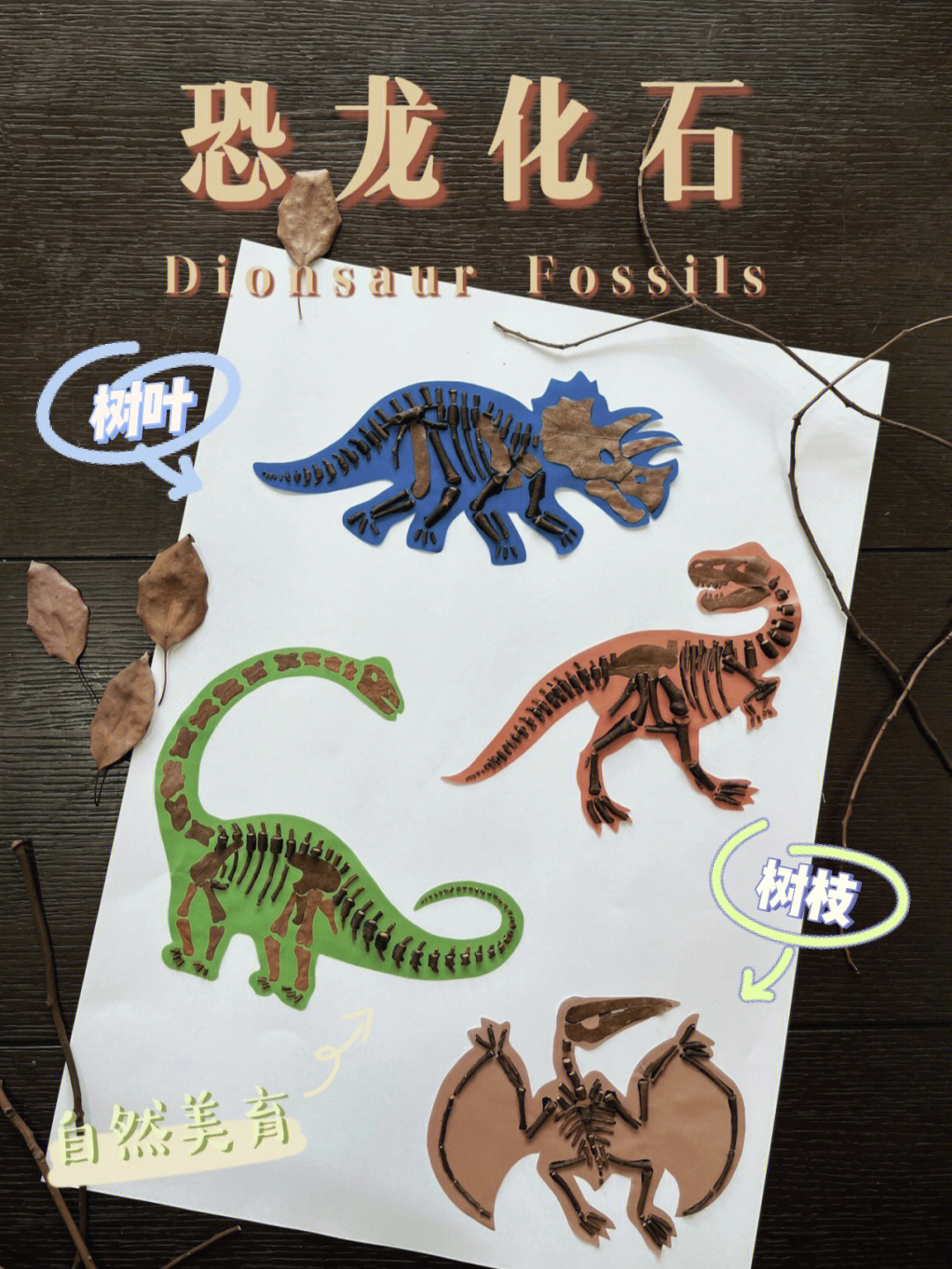 儿童创意美术丨自然美育丨树叶树枝恐龙化石