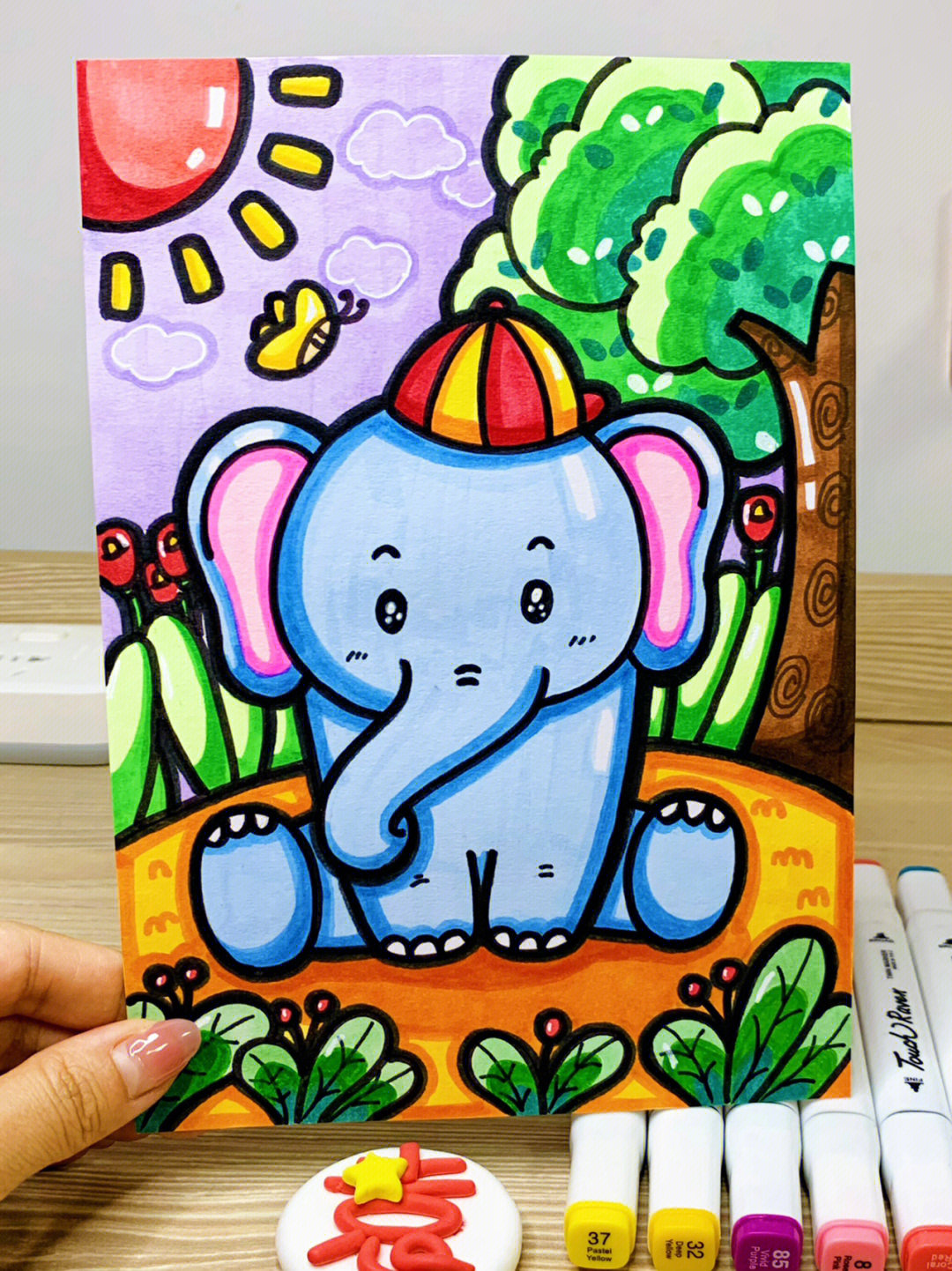 大象图片版马克笔手绘卡通儿童画附色号