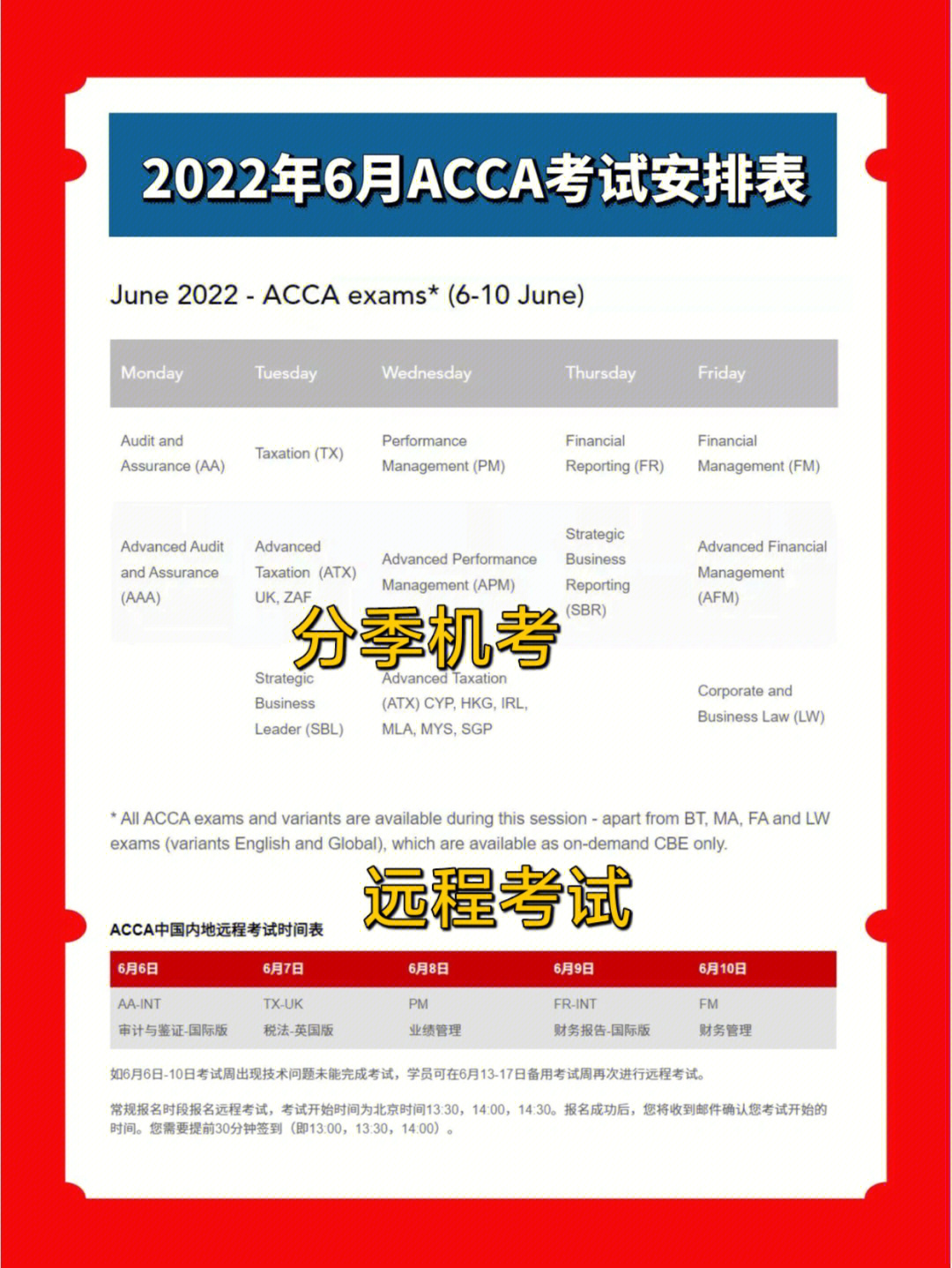 建议收藏2022年6月acca考试安排表