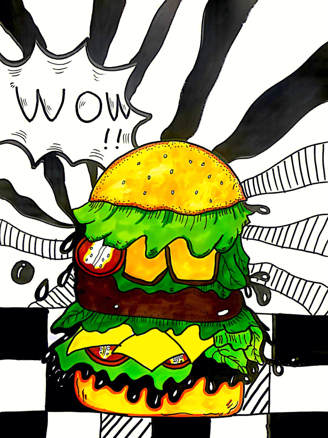 背景线描适合年龄:8～11岁想要把汉堡画高点 但是过分高了菜和肉都画