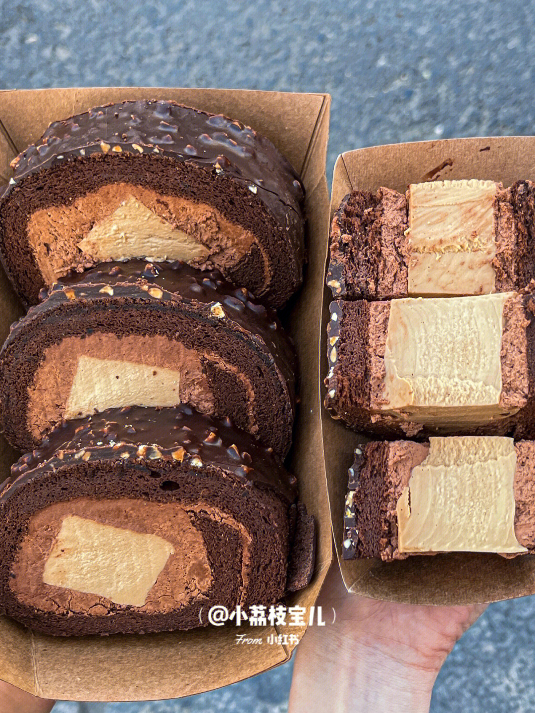 坚果巧克力脆皮下包裹着软fufu的奶冻蛋糕卷巧克力和奶油融合