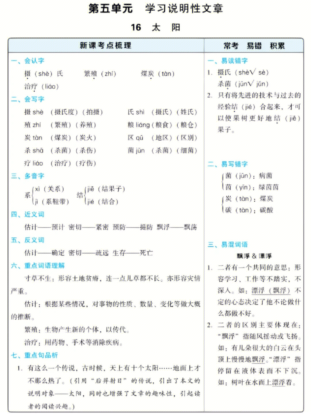 五年级语文上册第5单元考点梳理