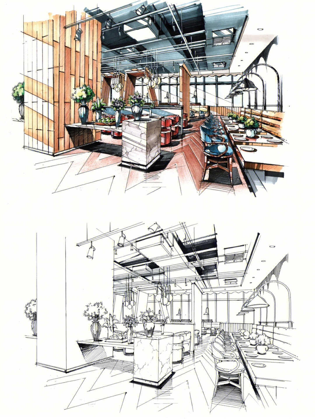 餐饮空间效果图线稿77上色
