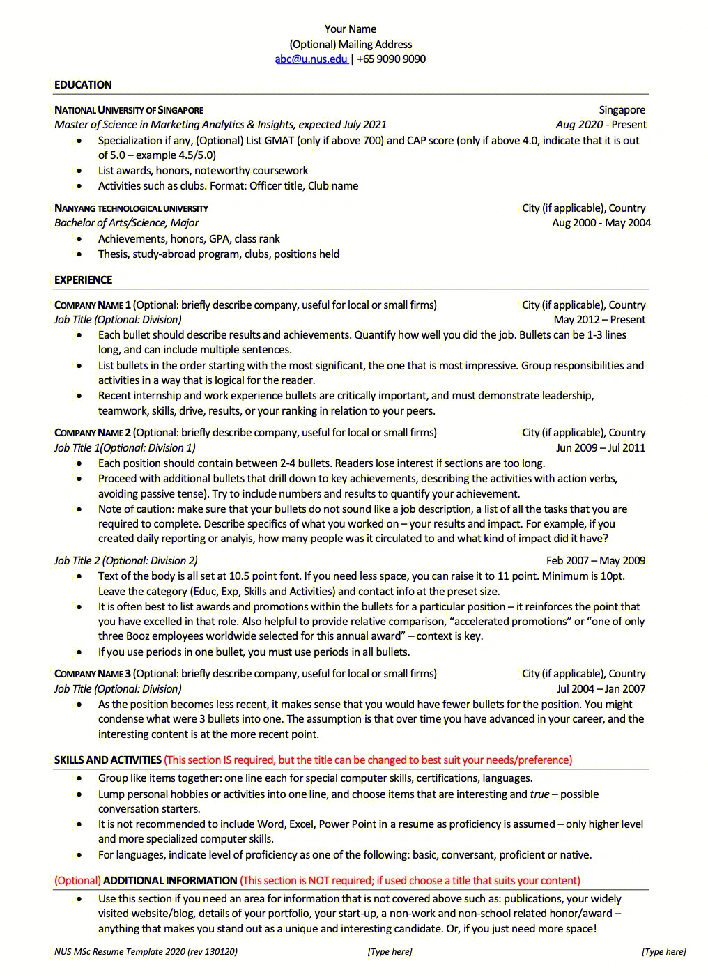 新加坡国立大学商学院cv模版分享