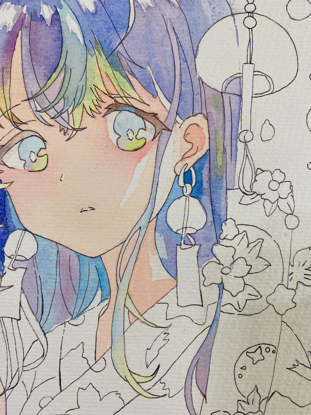 画画打卡水彩动漫人物蓝紫色头发的少女