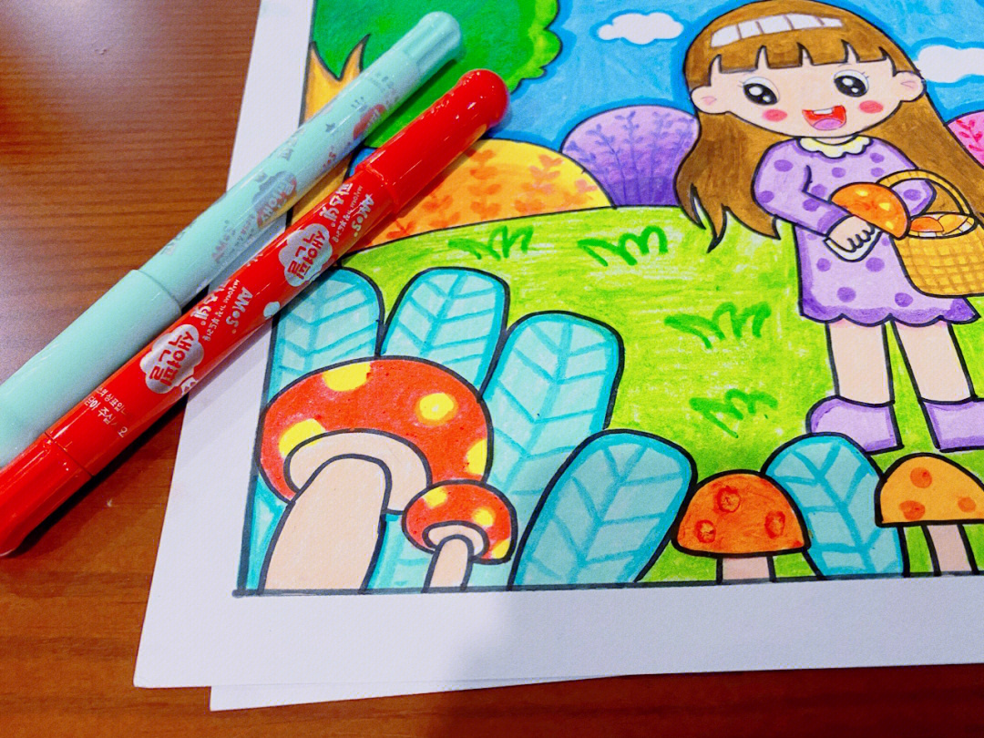 00儿童画采蘑菇的小姑娘