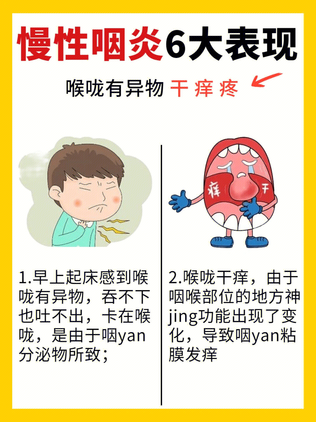 96慢性咽yan有哪些表现71喉咙有异物感,烧灼感,干燥感,痒感,次激