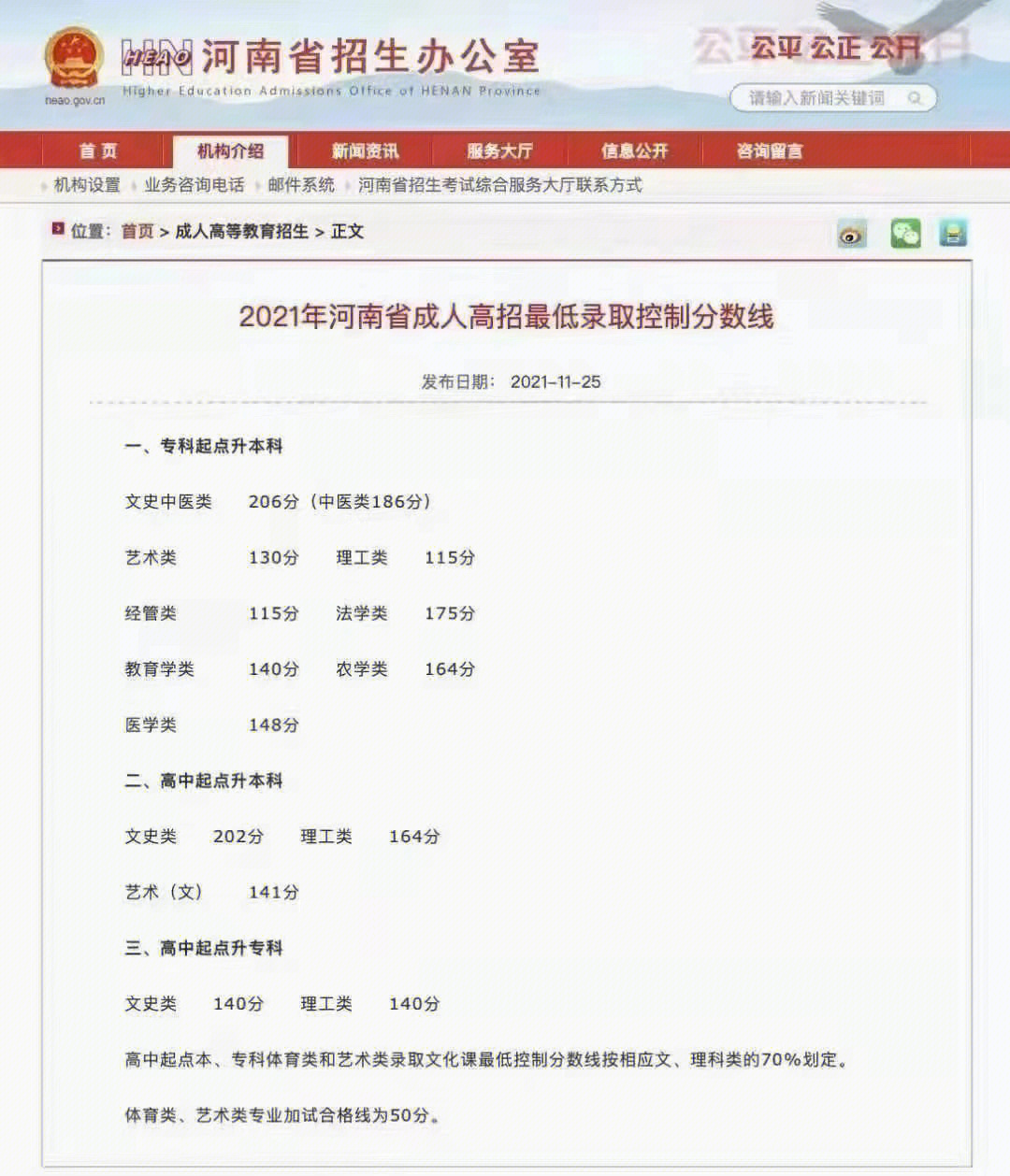 河南省2021年成人高考录取最低控制分数线已出