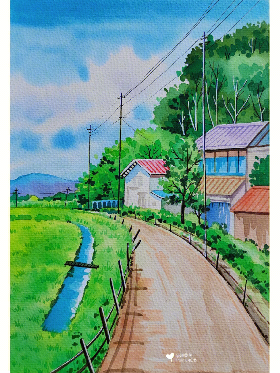 水彩风景画乡村小路