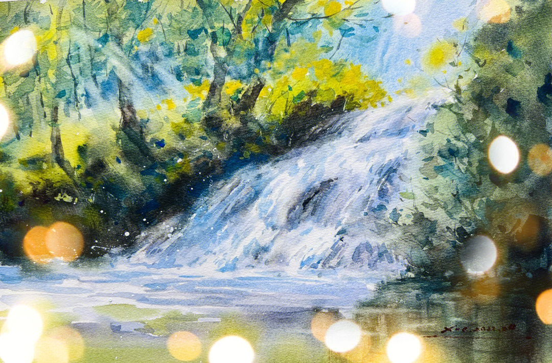水彩画瀑布的画法图片