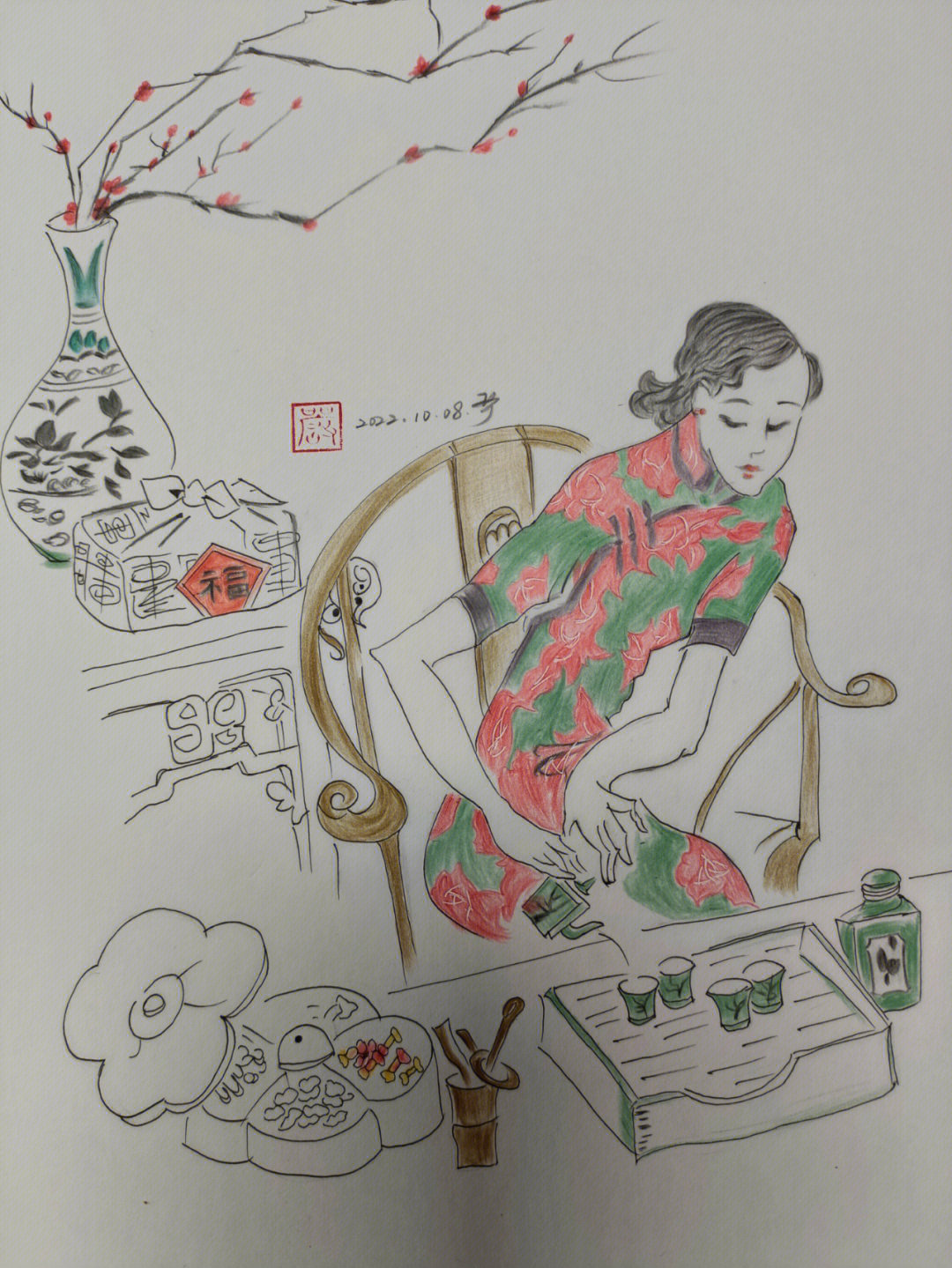 旗袍美女 彩铅画图片