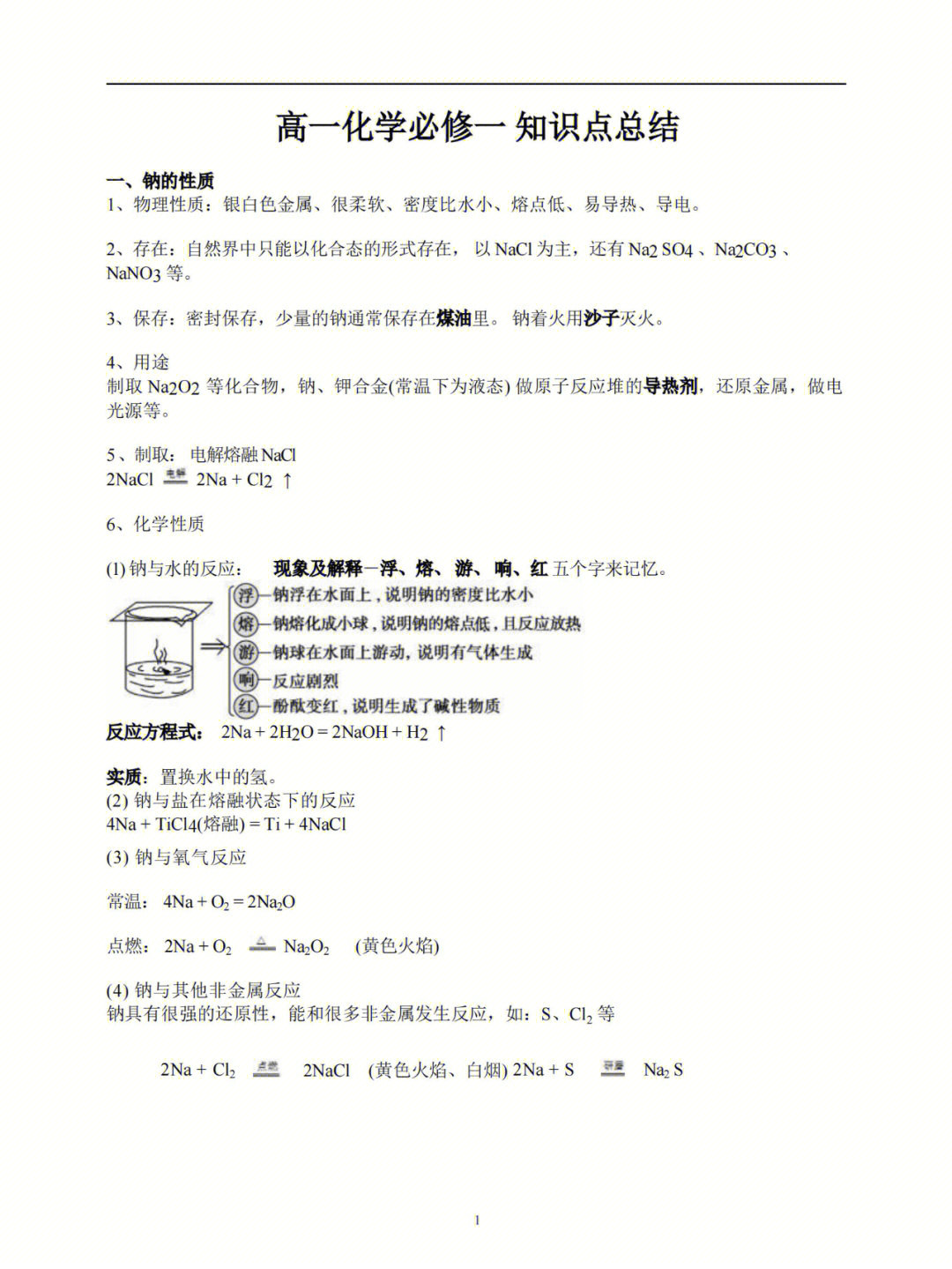 高一化学必修一知识点总结