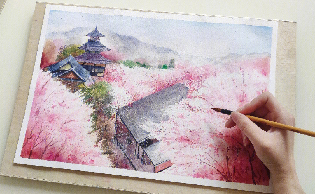 富士山下的樱花水粉画图片