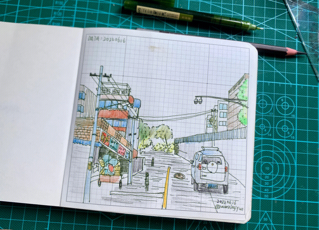 道路街景画画图片