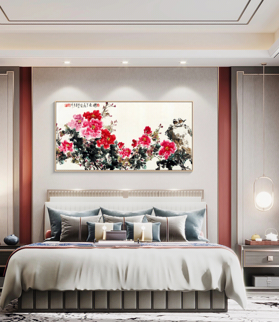 国色天香牡丹中式客厅装饰画沙发背景墙挂画