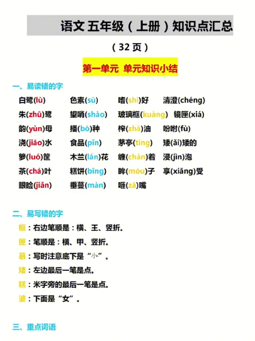 五年级语文上册单元知识总结