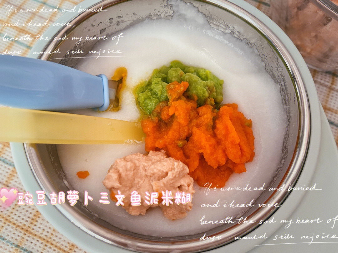 上午:豌豆胡萝卜三文鱼泥米糊下午:豌豆山药三文鱼肉松米糊平时吃