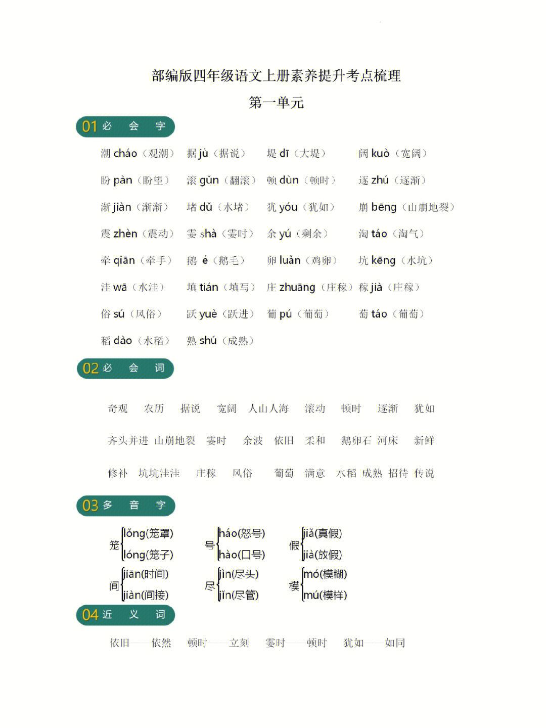 四年级语文第一单元考点梳理