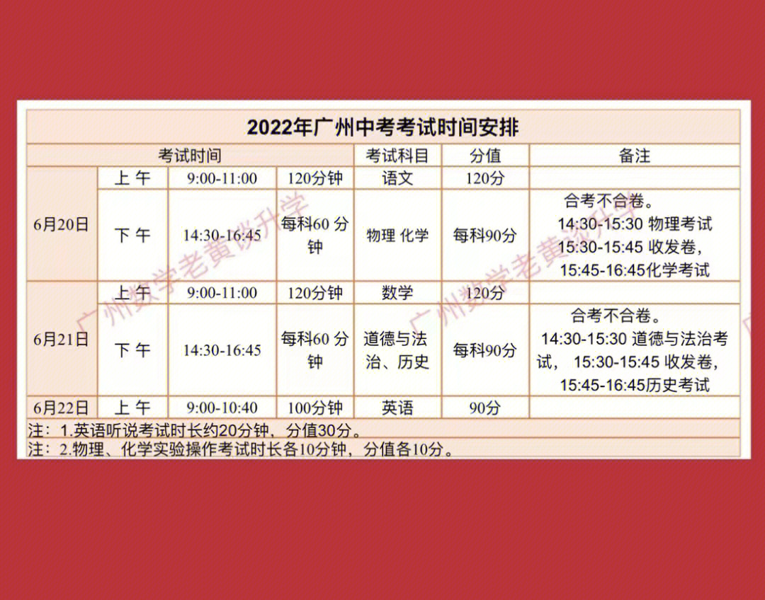 2022年广州市中考各科目考试时间安排表#广州中考#中考#中考数学