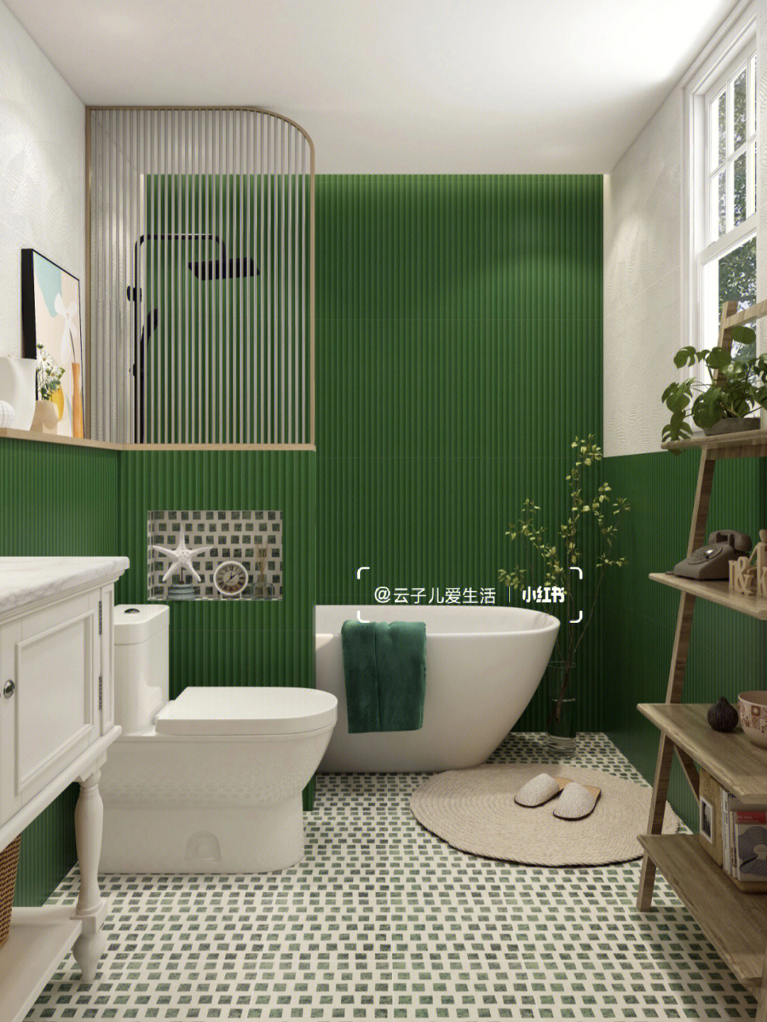91整体风格:轻复古,清新,北欧,绿色系·91瓷砖搭配:整体采用墨绿