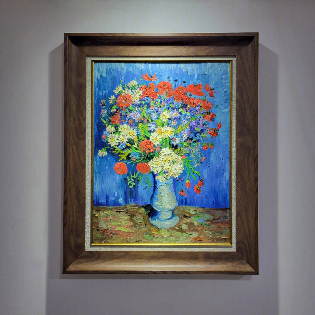 梵高有矢车菊和罂粟花的花瓶手绘临摹画