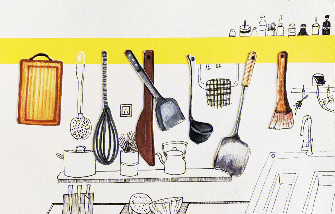 了解不同厨房用具的用途,以线描写生的方式表现,运用色彩对铲子进行