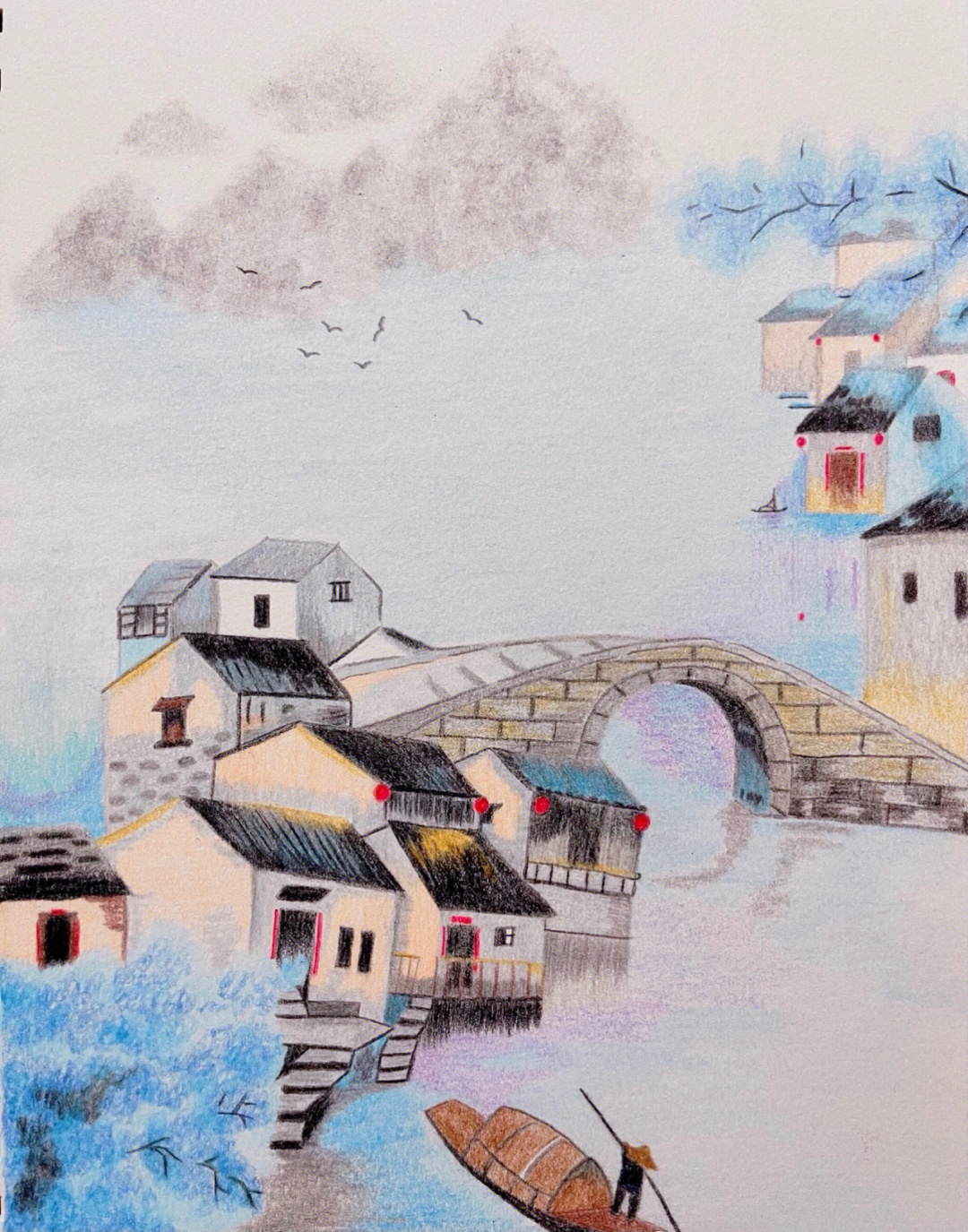 江南水乡房屋手绘图片图片
