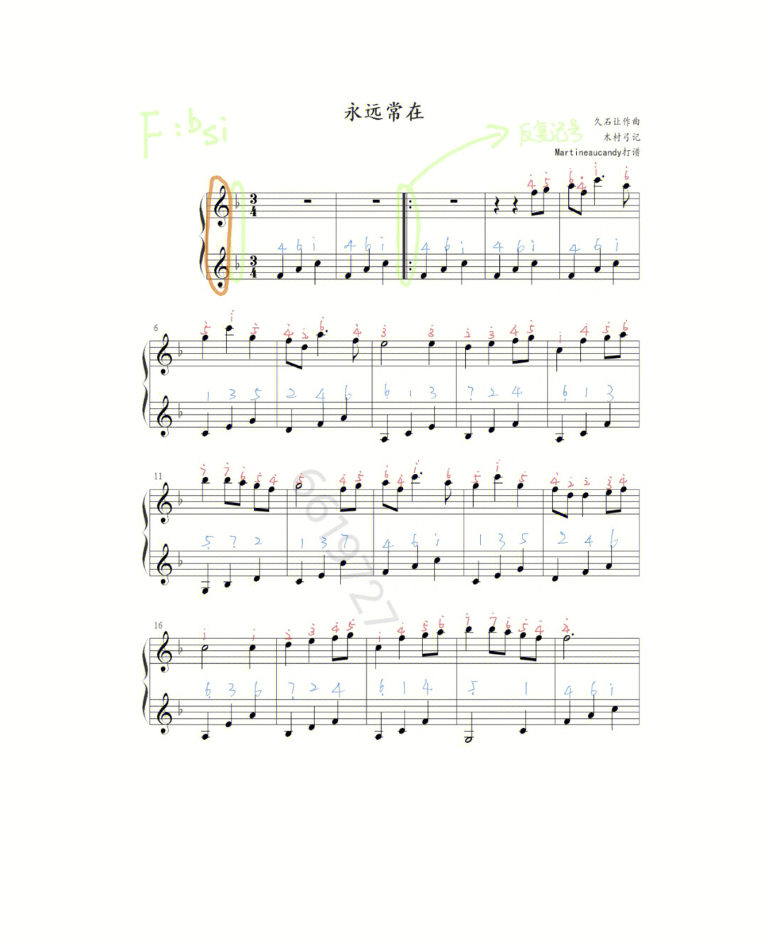 入门钢琴曲永远常在标注简谱