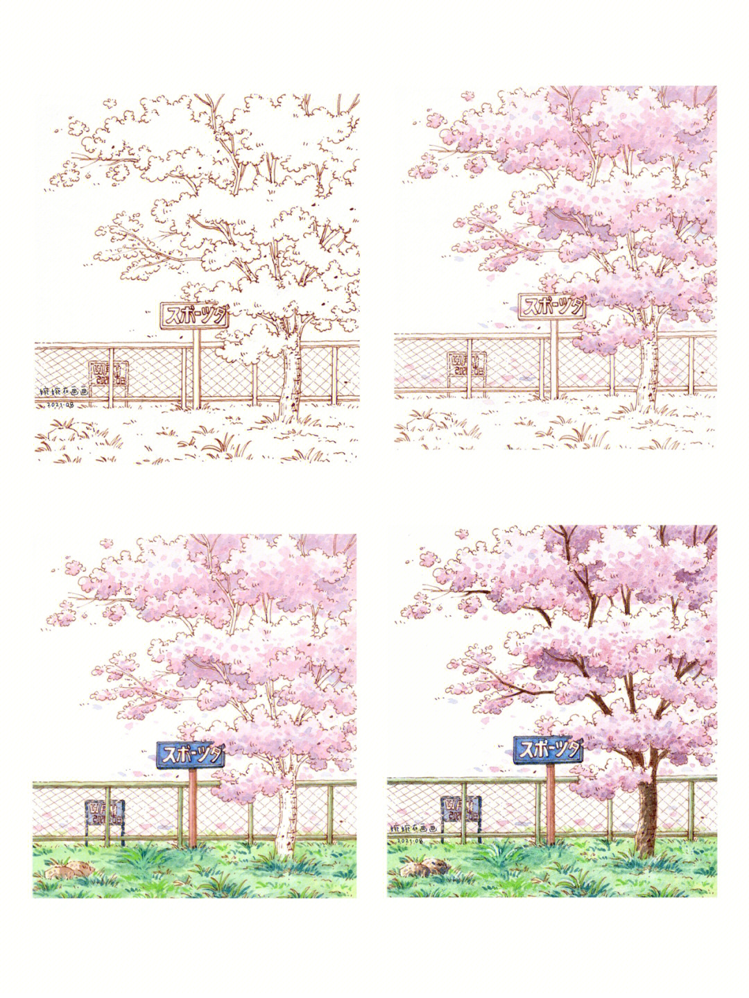 钢笔淡彩樱花场景樱花树过程图