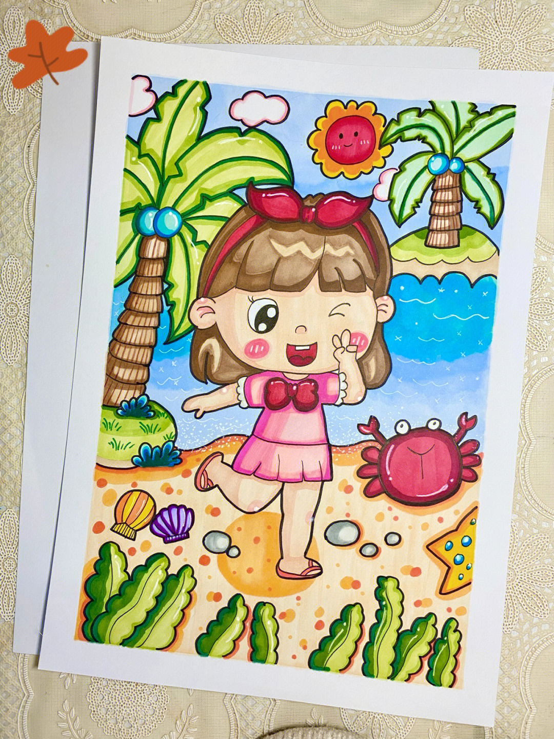 儿童画海边女孩