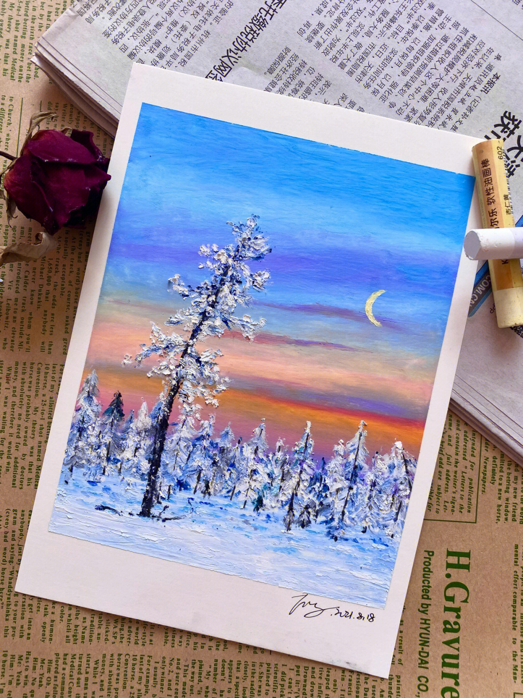 油画棒画雪景图片