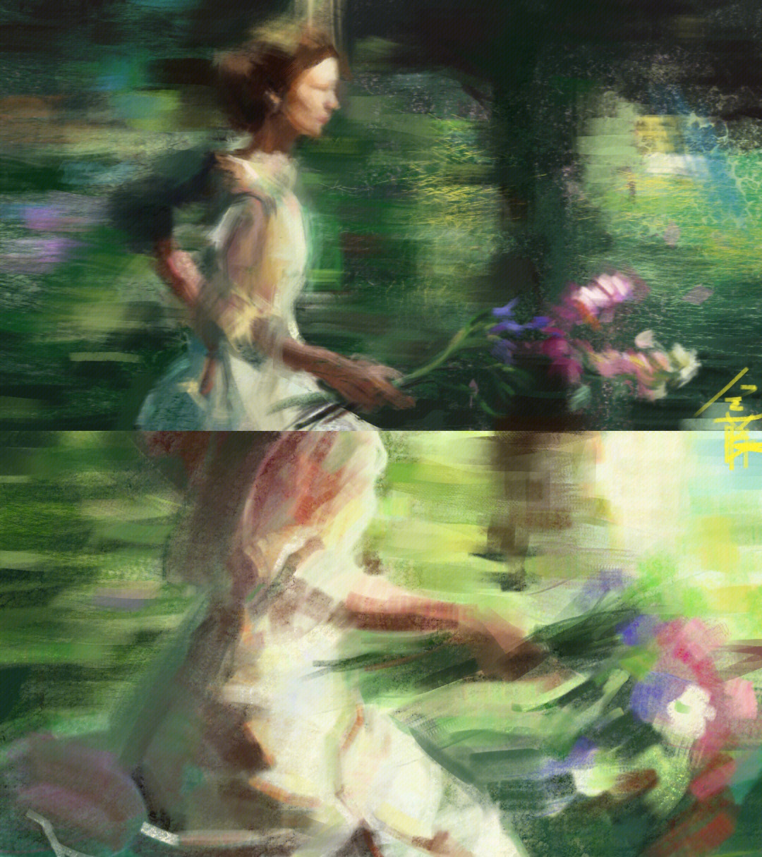 油画奔跑的女孩图片