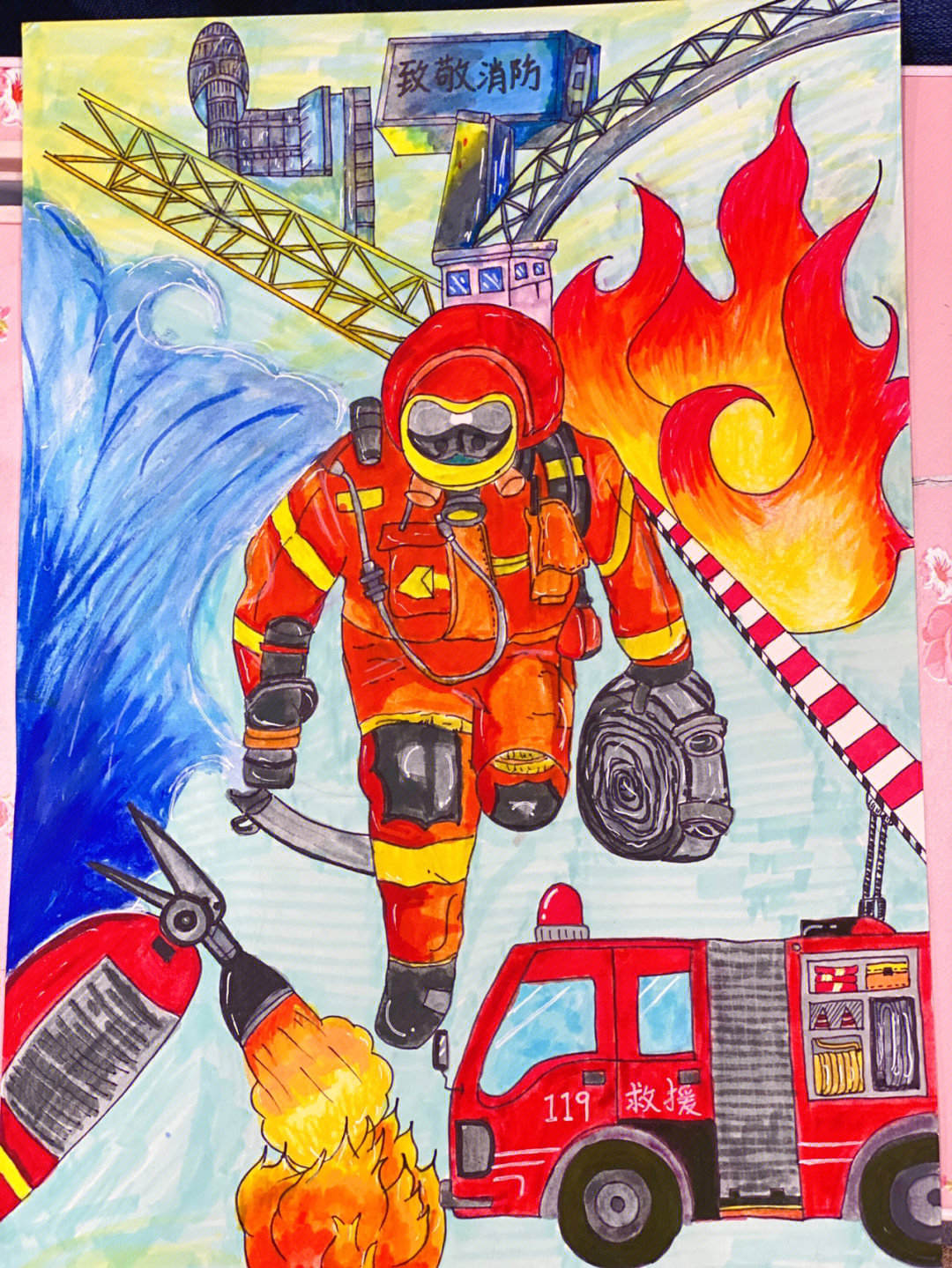 消防主题绘画8k纸图片