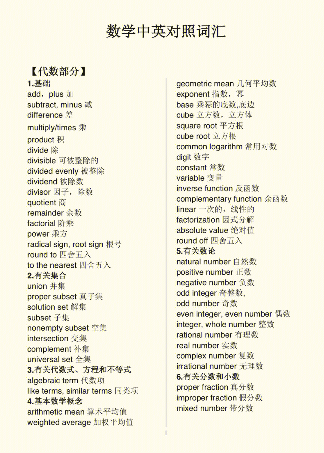 英语数学200个必备单词