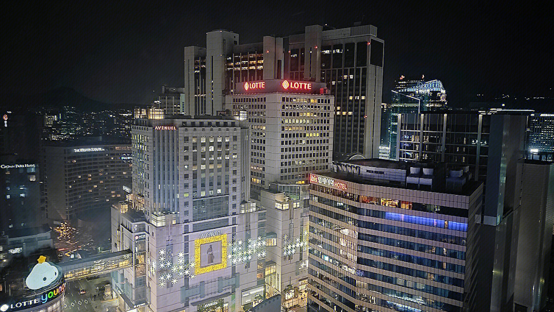 晚上,我在楼顶层看了看首尔的夜景,乐天免税店,sk大厦,明洞天主