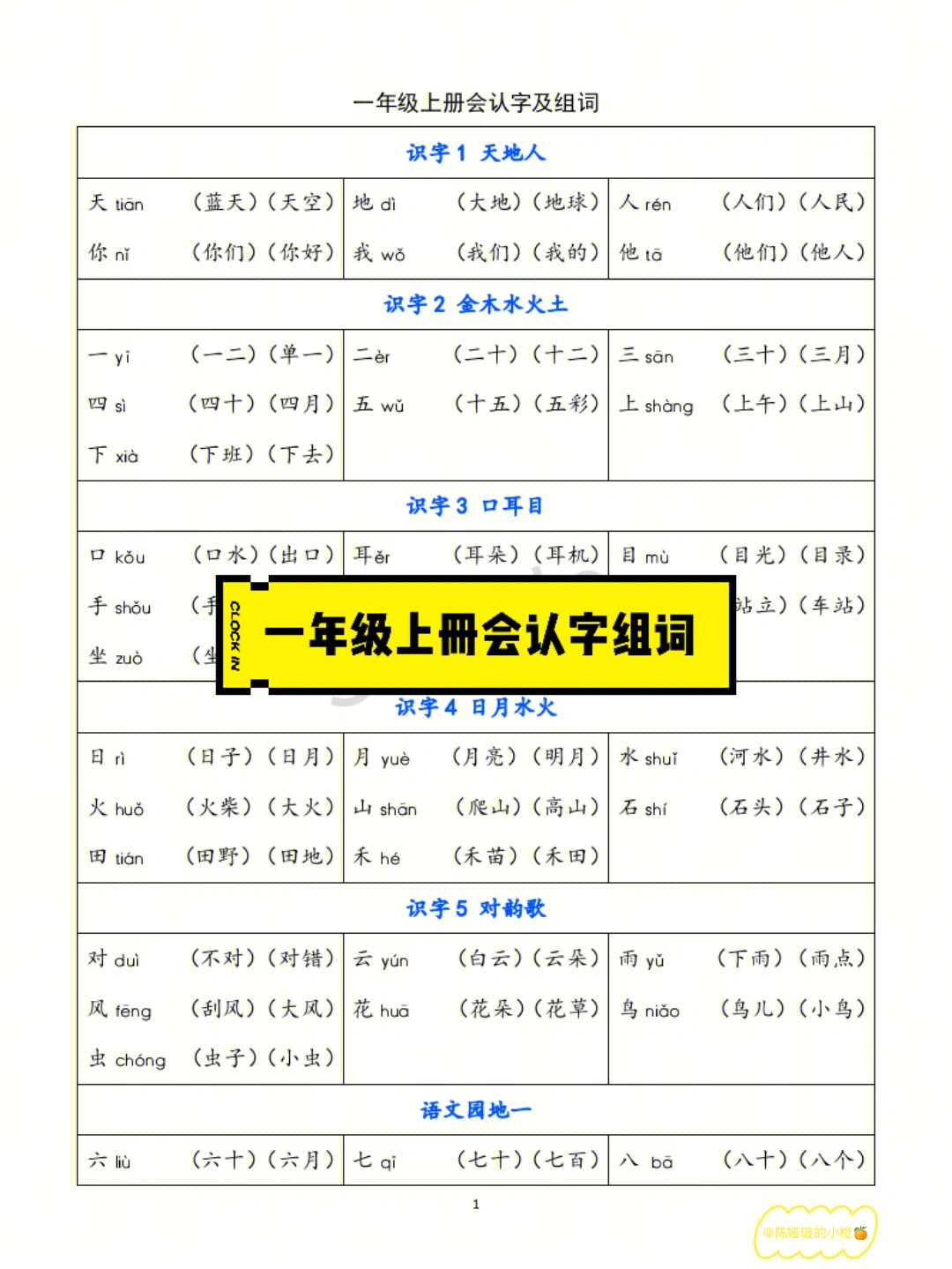 6一年级上册认字组词