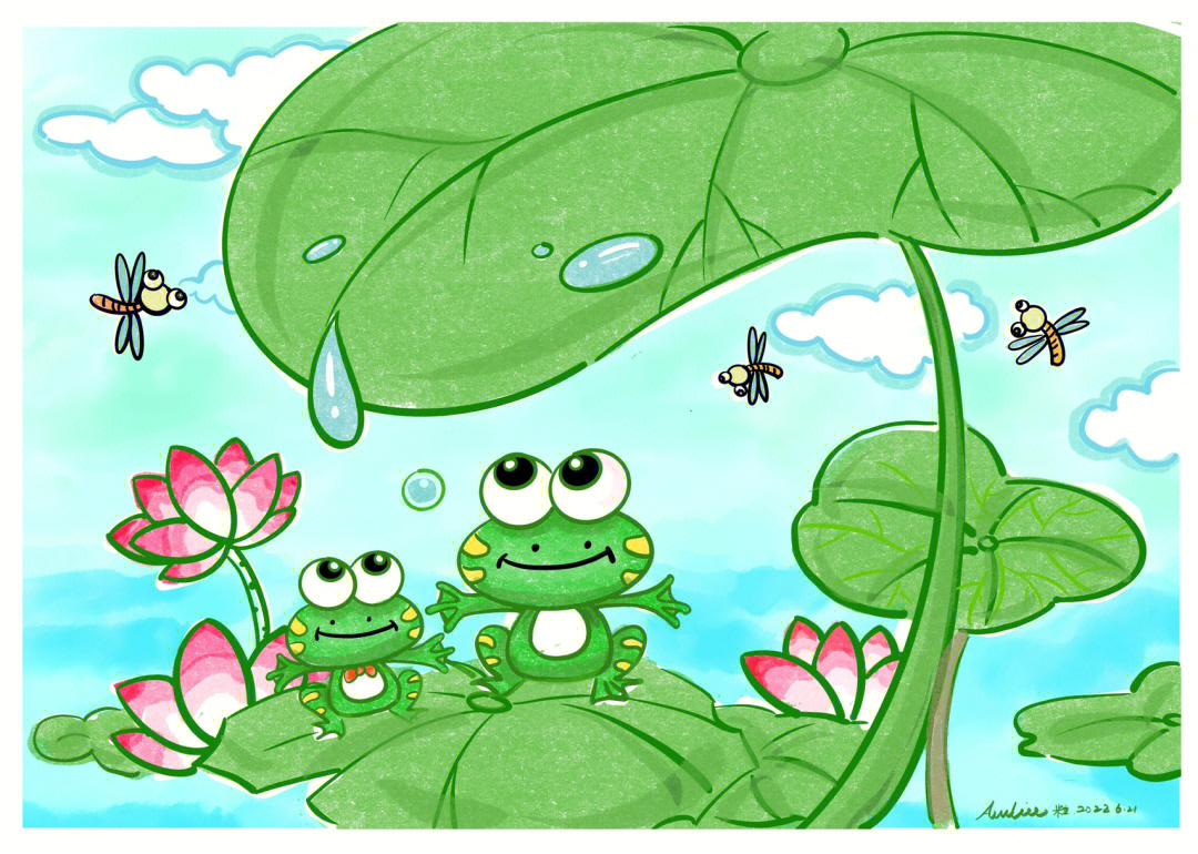 夏天主题画夏至儿童画池塘里的小青蛙
