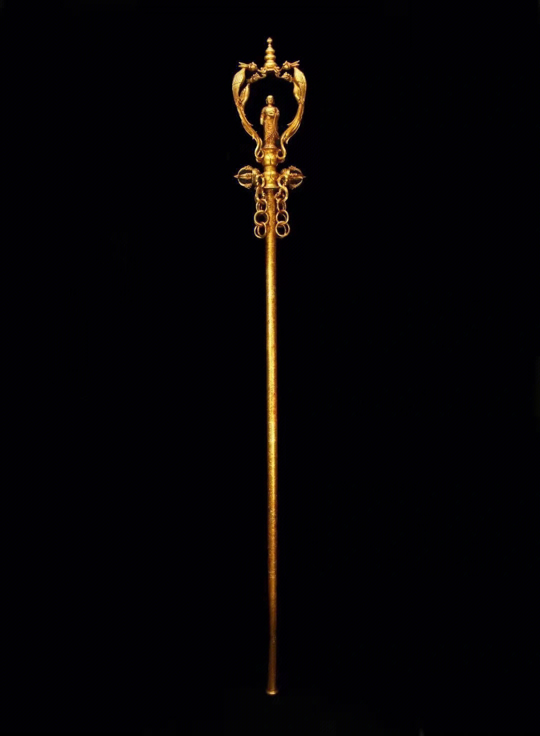 旧藏寺院收纯手工打造雕刻纯铜鎏金辟邪禅杖