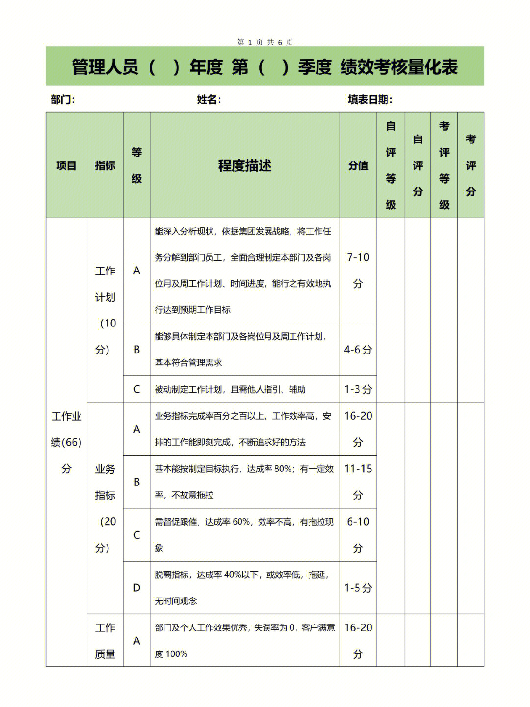 管理人员绩效考核表