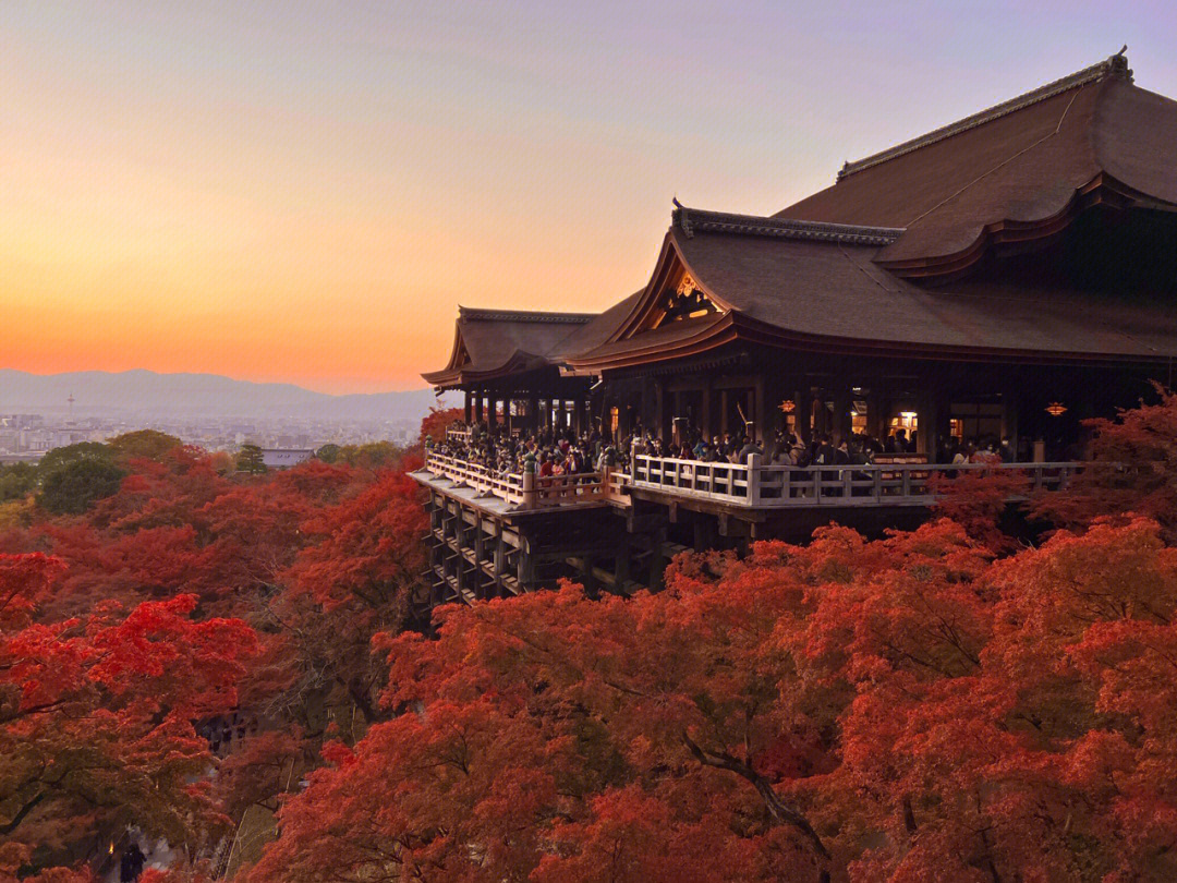 京都清水寺落日和夜间点灯