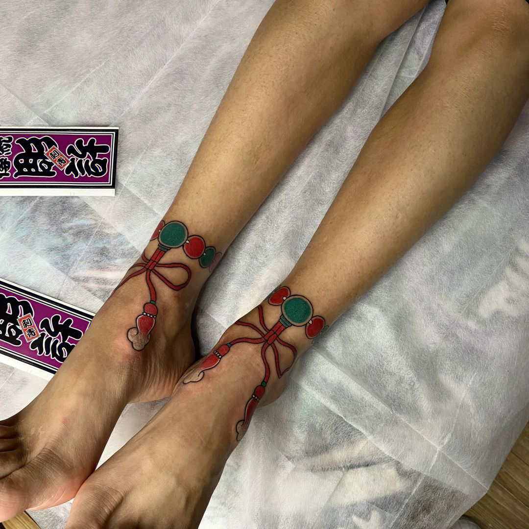 日式脚串纹身日式脚链纹身佛珠纹身刺青