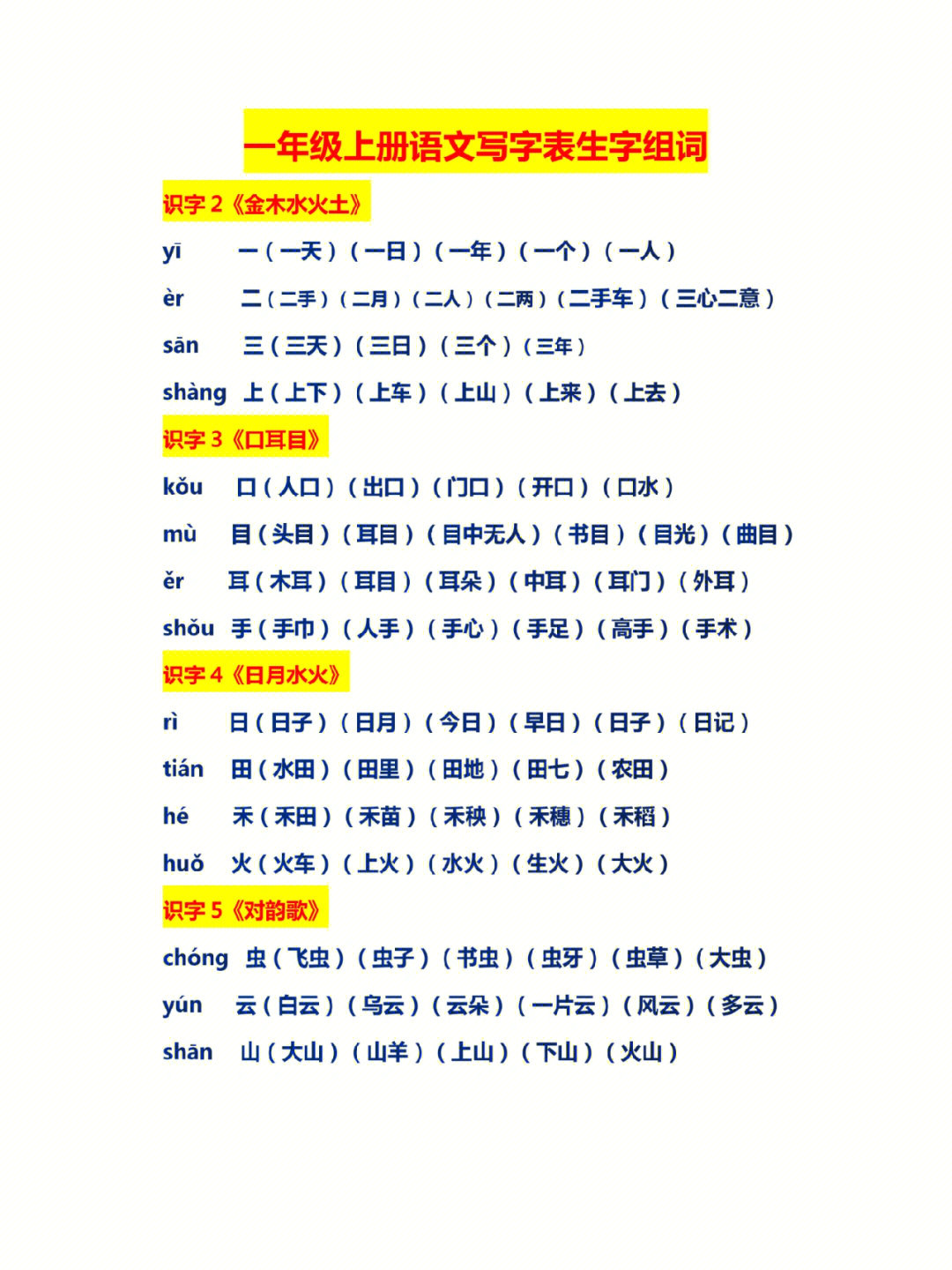 一年级语文上册全册生字表组词