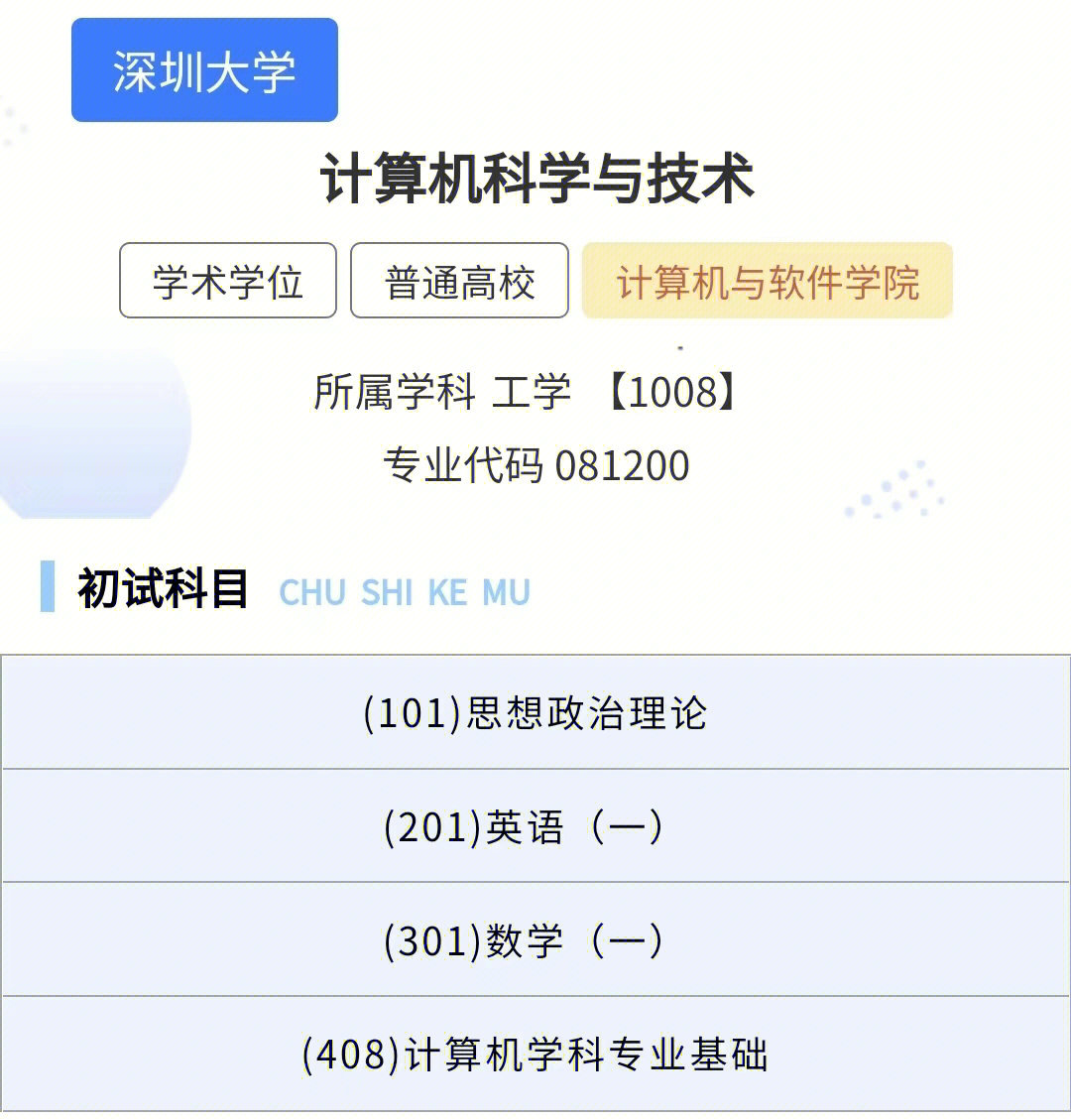 深圳大学计算机科学与技术考研附分数线