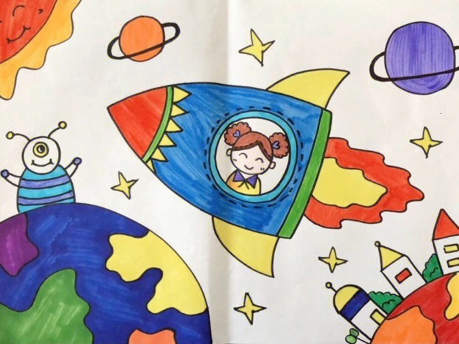 遨游太空儿童画 简单图片