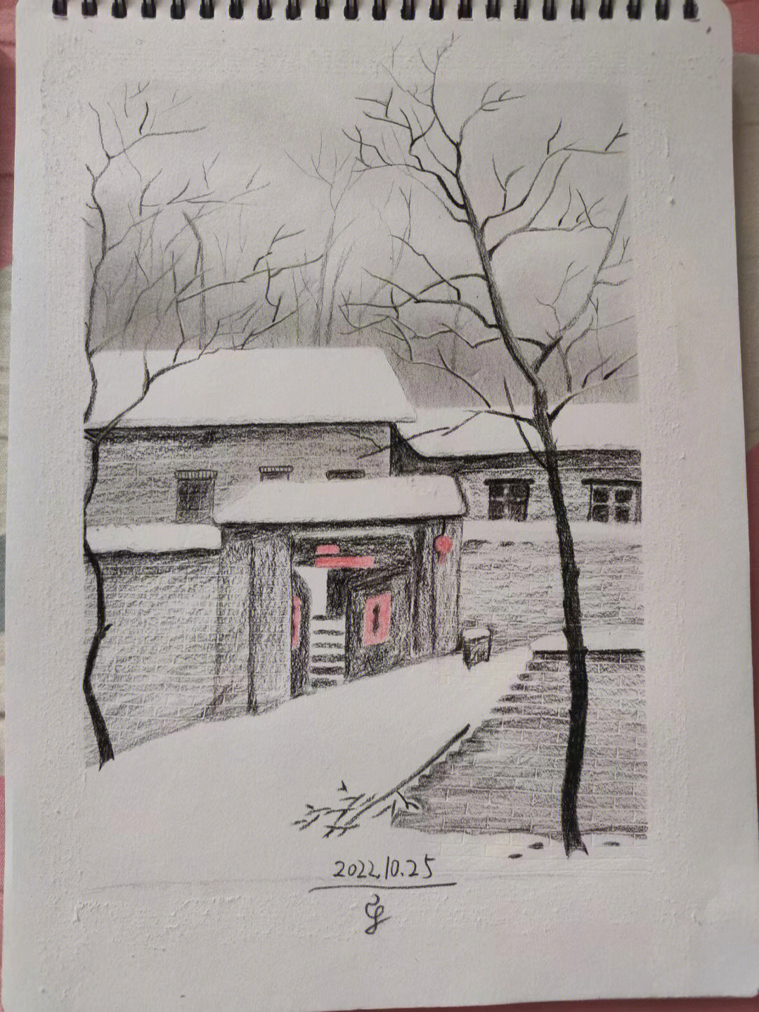 雪景铅笔手绘图片图片