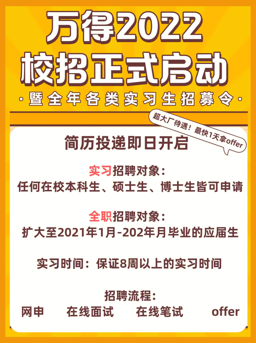 万得2022届校招正式开启实习全职