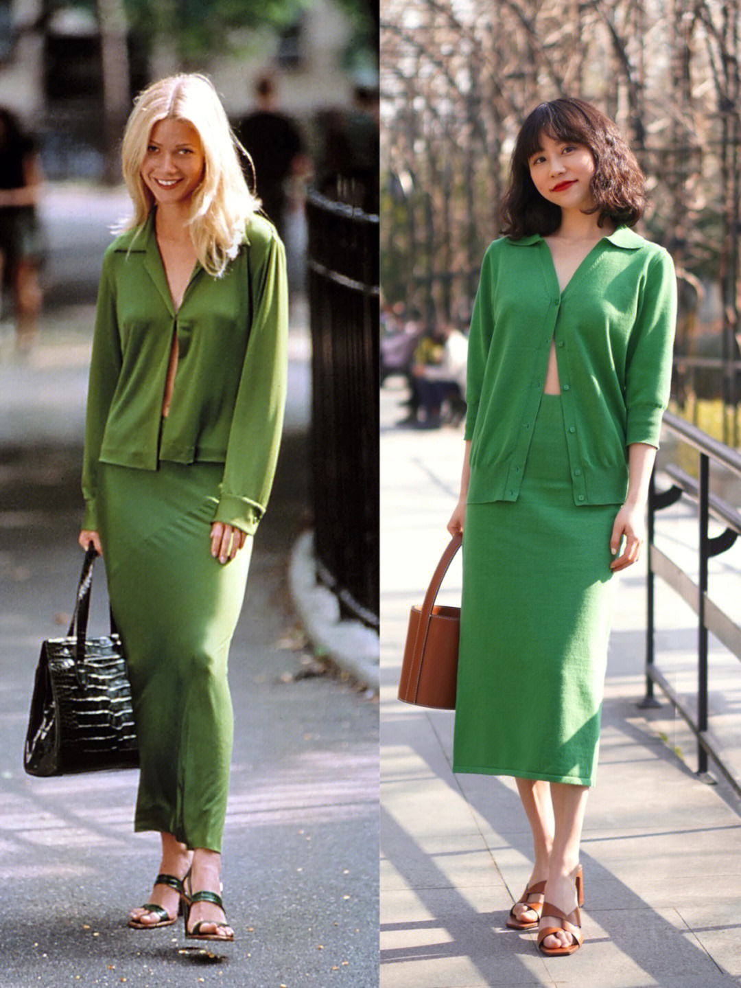 电影穿搭春天的绿色针织开衫针织半裙套装