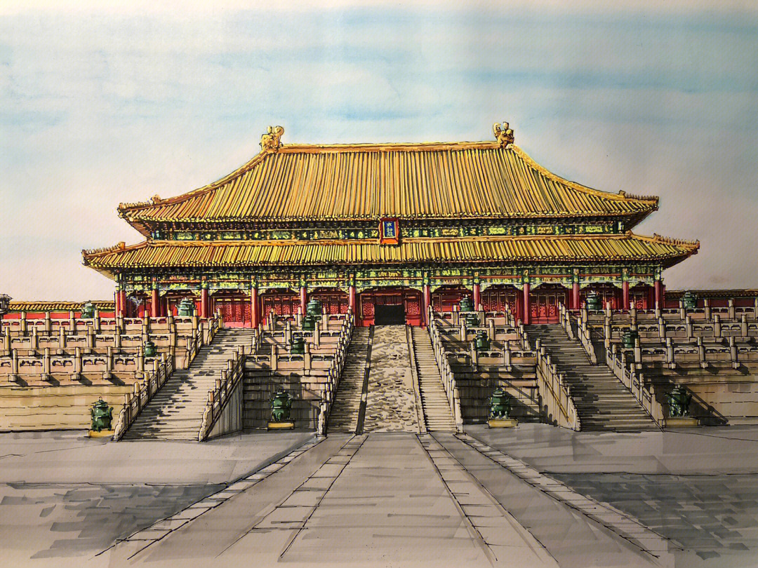 北京故宫马克笔画图片