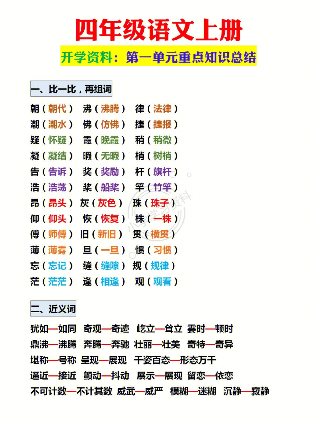 四年级语文上册第一单元重点知识汇总