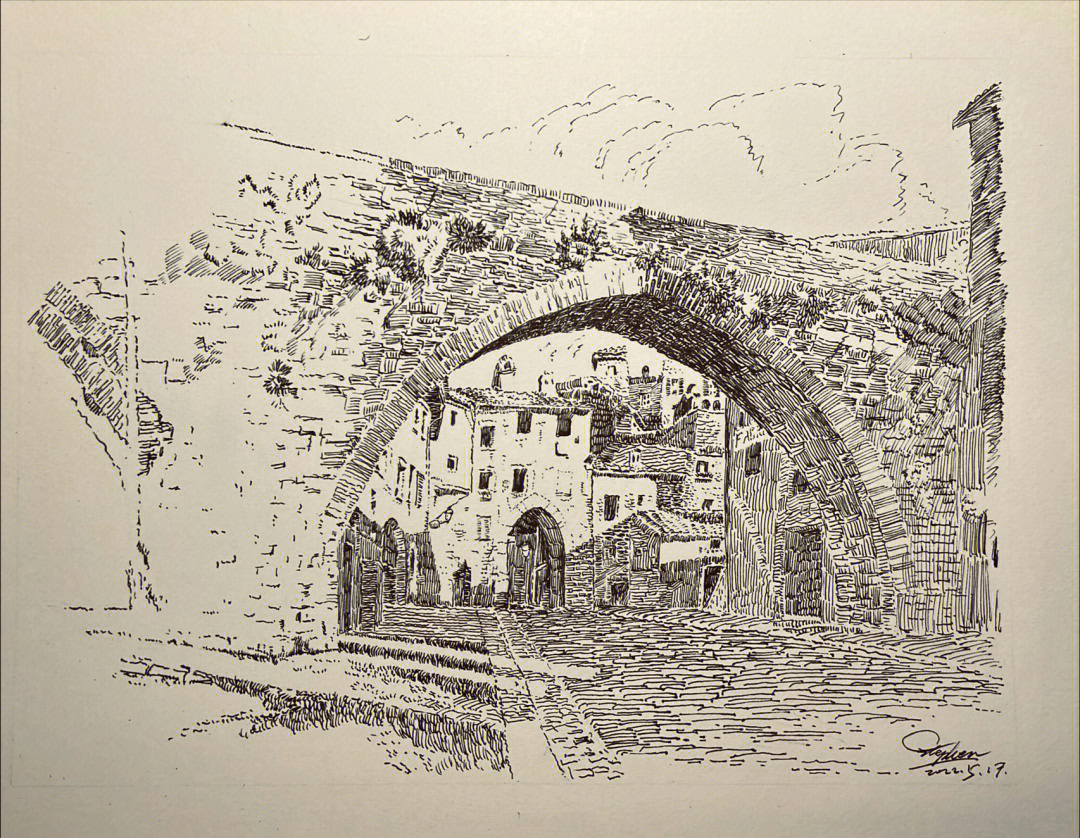 钢笔画临摹习作古罗马水道桥2